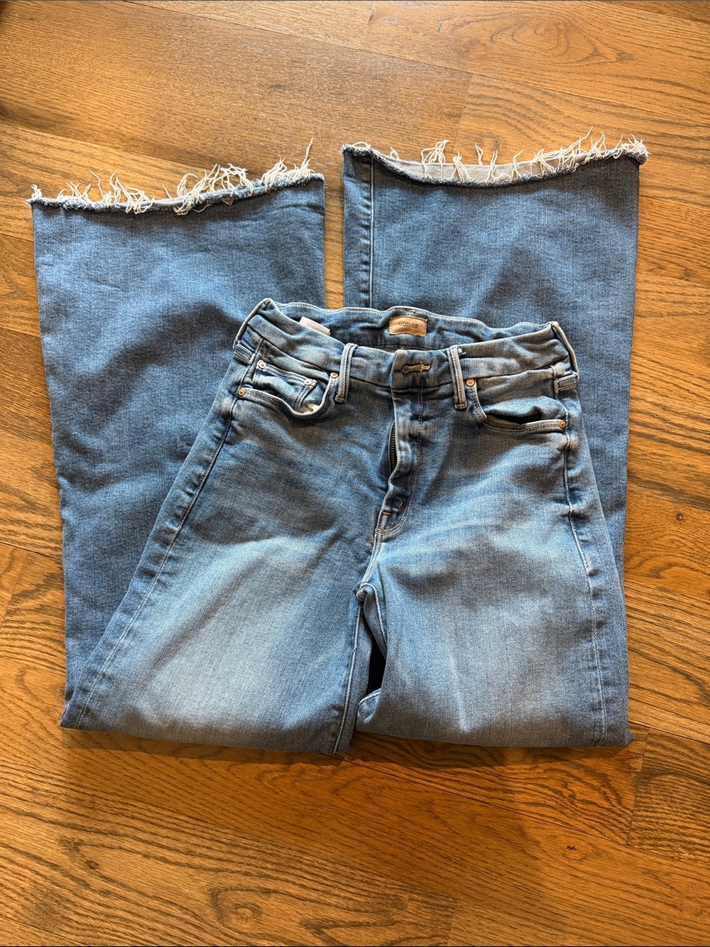 MOTHER Light Blue Frayed-Hem Wide Leg Jeans